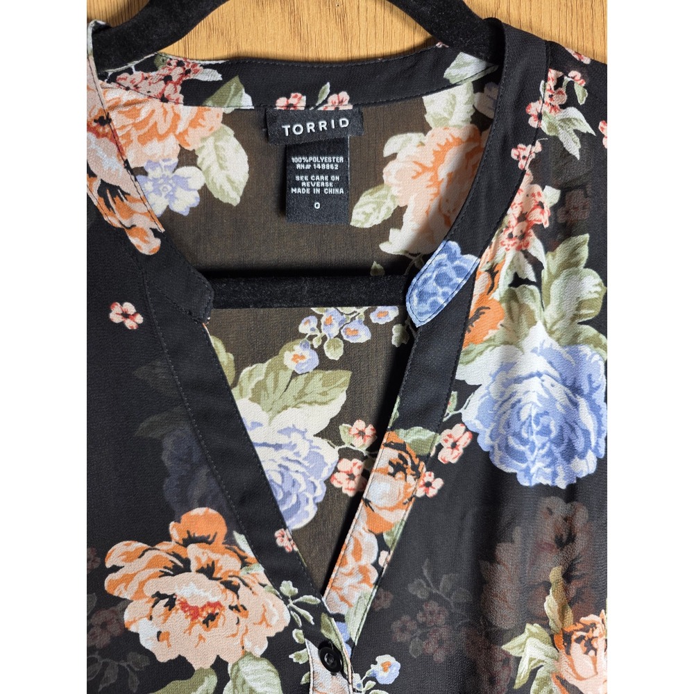 Torrid Womens 0 Black Floral Chiffon Roll Tab Sleeve High Low Babydoll Tunic Top